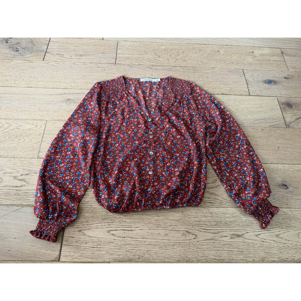 Liberty Love Womens Floral V-Neck Button Front Blouse Rust Red Blue Size M (640)